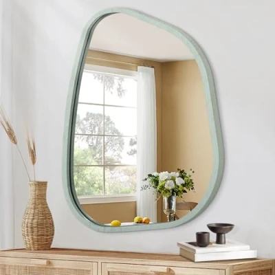 Image of Irregular Decorative Wall Mirror Bathroom Modern Oval Asymmetrical Wooden Framed Unique Shape Mounted Vanity Artistic Decor for Living Room Entryway Large