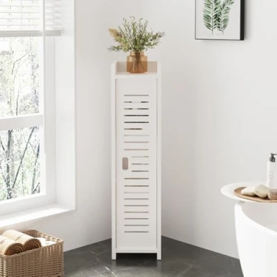 Image of Dripex 4 Tier Bathroom Floor Cabinet, Slim White Storage Cabinet with Door, Narrow Free Standing Cupboards Adjustable Shelves for Bathroom, Bedroom or Balcony (Door Style 2)