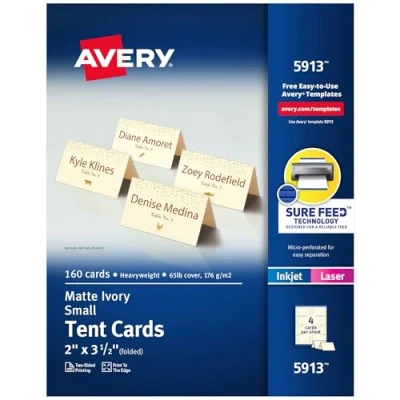 Image of AVERY Printable Small Tent Cards with Sure Feed Technology, 2 x 3.5, Ivory, 160 Blank Place for Laser or Inkjet Printers (05913)