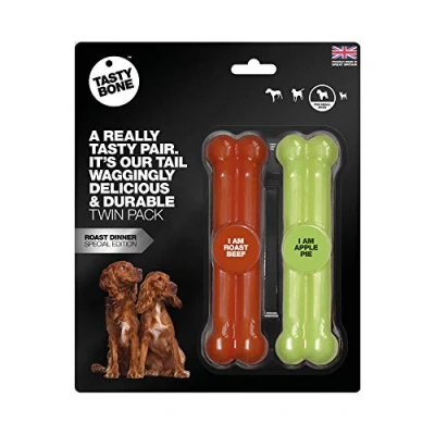 Image of TastyBone Twin Pack Nylon Dog Chew Toys for Small Dogs (Roast Beef &amp; Apple Pie) Indestructible Aggressive Chewers, Everlasting Flavour, Strong Healthy Teeth, Made in the UK