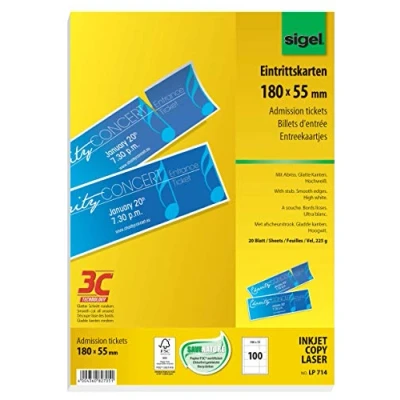 Image of SIGEL LP714 Printable Admission Tickets with stub, 18 x 5,5 cm, 225 gsm, 100 Pieces equal to 20 sheets