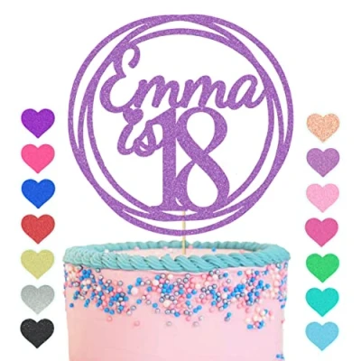Image of GuteGifts Personalised with Any Name Age Cake Topper Custom Happy Birthday Decoration Circle Design 13 16 18 21 30 40 50 60 (Lilac)