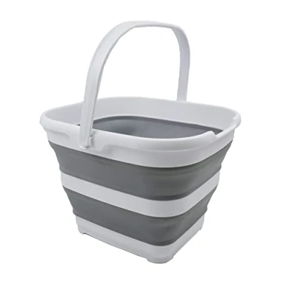 Image of SAMMART 10L Collapsible Rectangular Handy Basket/Bucket (White/Grey, 1)