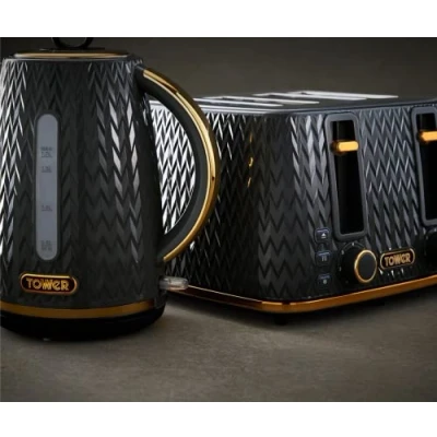 Image of Tower Empire Black Jug 3KW 1.7L Kettle &amp; 4 Slice 1600W Toaster. Art Deco Design Toaster Matching Set in with Brass Accents
