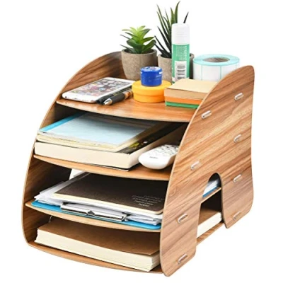 Image of 4 Layer Wooden File Sorter A4 Document Desk Tidy Organizer Storage Rack,Letters Organizer,Desk Holder for Office,School