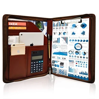 Image of GraduatePro A4 Clipboard Folder Leather Zipped Portfolio Conference Presenter Document with Tablet Business Waterproof Organizer Sleeves Brown