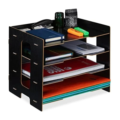 Image of Relaxdays Filing Cabinet, 3 Compartments, Letter Tray, Office Document Organiser, A4 Format, 27 x 32.5 25 cm, Black, 100% fibreboard