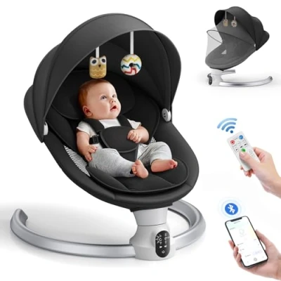 Image of Aoykkii Electric Baby Bouncer Chair with Mobile App Control,Remote Control and IMD Touch Panel,Electric Swing 5 Amplitudes 3 Stage Timer,Soft Padded Lamb Newborn (Black)