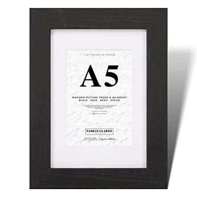 Image of Fabian Clarke London® A5 Modern Black Wooden Picture Photo Frame with White A6 Mount Includes Safety Glass Front Hang Portrait or Landscape
