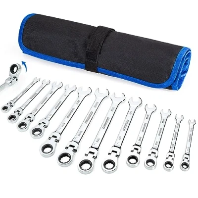 Image of SORAKO Ratcheting Wrench Set Flex Head, 16 Piece SAE Ratchet Combination Kit with Bit Socket Adapter, 1/4″ 13/16″ Chrome Vanadium Steel Wrenches Roll Pouch