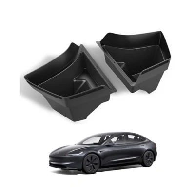 Image of Spigen Tesla Model 3 2024 Current Highland All Weather TPE Trunk Boot Organiser, Scratch Resistance, Non Slip Stripe Carbon Pattern, Storage Space Box, Designed for Accessories 2 Pack