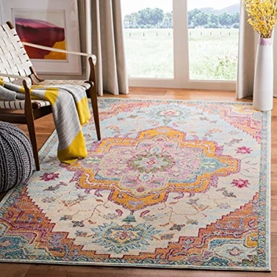 Image of SAFAVIEH Boho Rug for Living Room, Dining Bedroom Crystal Collection, Short Pile, in Light Blue and Fuchsia, 91 X 152 cm