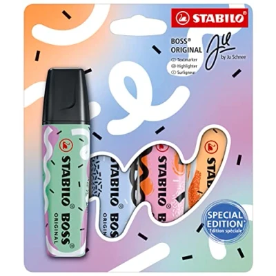 Image of Highlighter STABILO BOSS ORIGINAL Pastel by Ju Schnee Pack of 4 Hint Mint, Cloudy Blue, Frozen Fuchsia, Pale Orange