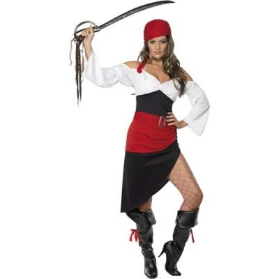 Image of Smiffys Sassy Pirate Wench Costume with Skirt, Black Top, Belt and Headscarf, Fancy Dress, Adult Dress Up Costumes