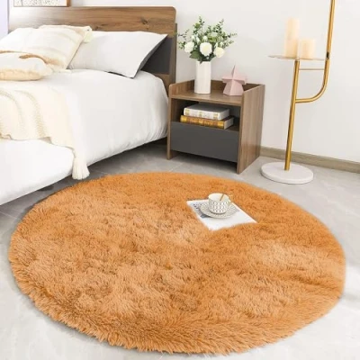Image of MOONLIGHT20015 Round Rugs Living Room Ochre Area for Bedroom 120x120 cm Anti Slip Modern Super Soft Thick Pile Fluffy Shaggy Rug Plush Carpet Non Shedding Easy To Clean