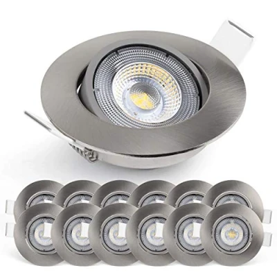 Image of EMOS LED Spot Lights Ceiling Round 5W / 450lm, 6500K Cold White 50 Tilt Swivel Recessed Lights, Ultra Slim Pack of 12 Downlights for Ceiling, Mains Powered, Brushed Silver