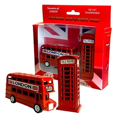 Image of London Souvenir Pencil Sharpeners Set Die Cast Metal Sharpener British England UK Gift 2 x Icons Red Bus &amp; Telephone Box