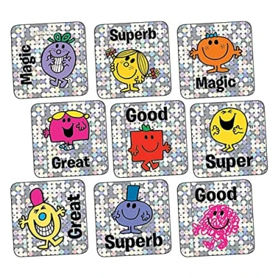 Image of 700 Holographic Sparkly Mr Men &amp; Little Miss Square School Praise Teachers Reward Stickers 16mm Primary Teaching Services