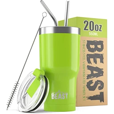 Image of Beast Tumbler 550 ml (20 oz), Green Reusable Stainless Steel, Vacuum Insulated Cup with + 2 Straws &amp; Cleaning Brush Double Wall Travel Flask Perfect for Hot or Iced Coffee BPA Free