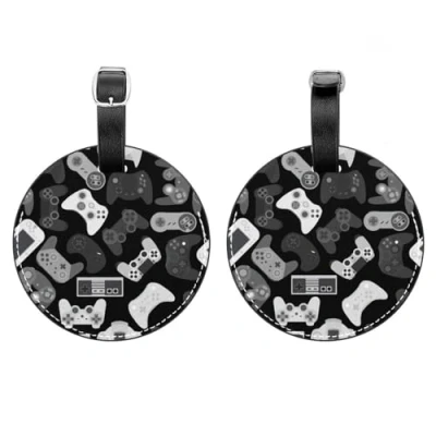 Image of 2 Packs Luggage Tags, Video Game Controller Joysticks Prints Round Leather Travel Suitcase Labels with Privacy Name Address Card