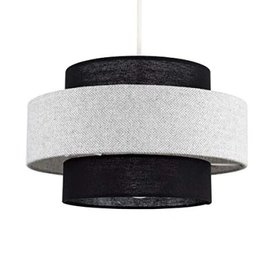 Image of Modern Cylinder Ceiling Pendant Light Shade in a Black &amp; Grey Herringbone Finish Complete with 10w LED GLS Bulb [3000K Warm White]