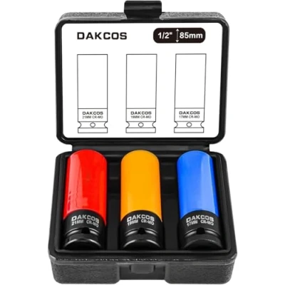 Image of DAKCOS 3PC 1/2 Inch Drive Wheel Protector Impact Socket Thin Wall Deep Set with Plastic Sleeve 6 Point Cr Mo Metric Protective Lug Nut 17mm,19mm,21mm