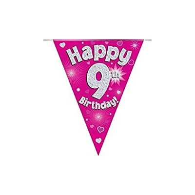 Image of OAKTREE UK 630581 Party Bunting Happy 9th Birthday Pink Holographic 11 Flags 3.9m