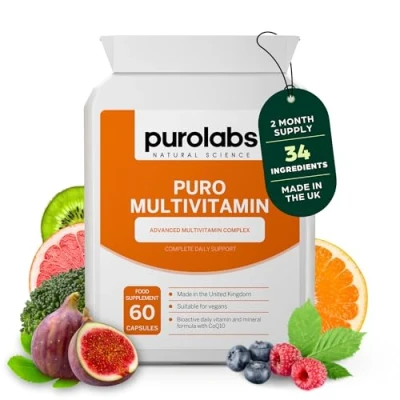 Image of Multivitamins &amp; Minerals Supplement 34 Essential Nutrients Daily Multivitamin Tablets for Men Women 60 Vegan Capsules Made in The UK by Purolabs