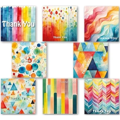 Image of Thank You Cards Multipack of 24. Each Greeting Pack includes 8 Colourful designs. 115 x 115mm. Blank Inside. Envelopes included. Made in UK.