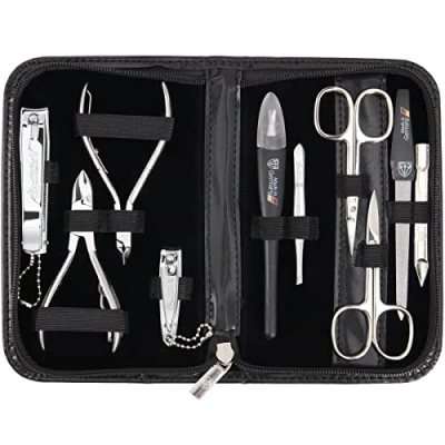 Image of 3 Swords Germany brand quality 10 piece manicure pedicure grooming kit set for professional finger &amp; toe nail care scissors clipper fashion leather case in gift box, Made by (000415)