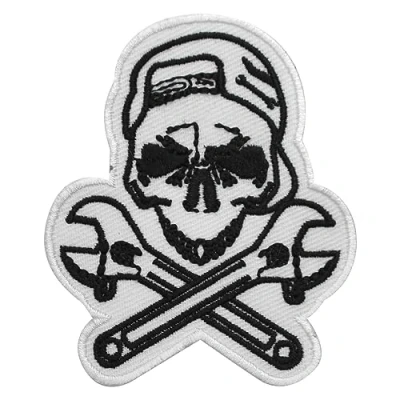 Image of Biker Patch, Skull Mechanic Racing Patch Embroidered Iron on Sew Badge for Clothes etc. 8x6.5 cm