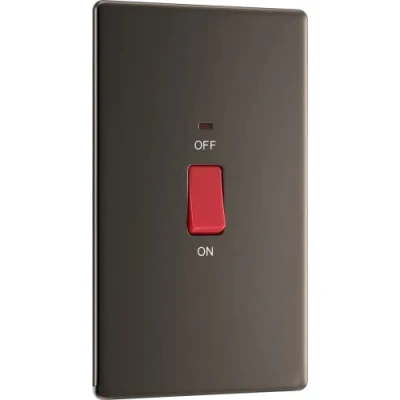 Image of BG Electrical Large Cooker Control Switch Unit with LED Power Indicator, Double Plate, Pole, Screwless Front Premium Flatplate, Black Nickel, 45A, FBN72
