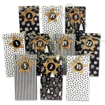 Image of Advent Calendar for Filling, 24 Printed Gift Bags and Number Stickers on Star Labels, Black White Motif, Crafts Gift, Christmas 2020
