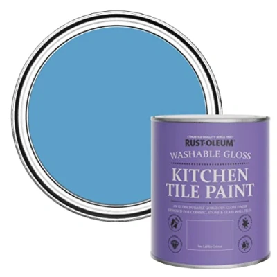 Image of Rust Oleum Blue Water Resistant Kitchen Tile Paint in Gloss Finish Cerulean 750ml