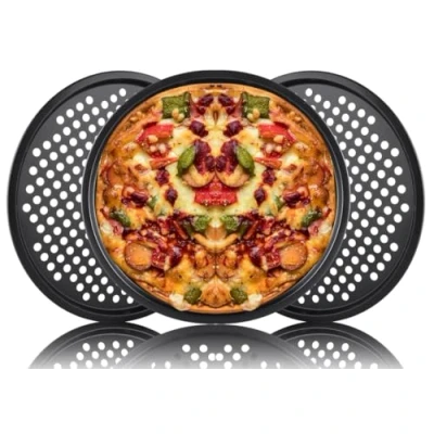 Image of ASelected 3Pcs Pizza Pan, 33Cm,12.9 Inches Non Stick Dishwasher Safe Round Perforated Tray for Oven, Carbon Steel Oven Baking Applicable (Gray)