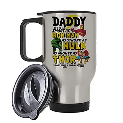 Image of Daddy You’re My Favourite Super Hero Gift Personalised Mug from Son/Daughter Any Name Fathers Day, Birthday, Godfather, Silver/White Insulated Travel Tea/Coffee Mug. (Silver)