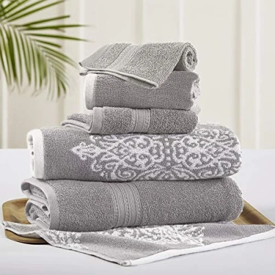 Image of Amrapur Overseas Artesia Damask 6 Piece Reversible Yarn Dyed Jacquard Towel Set (Grey)