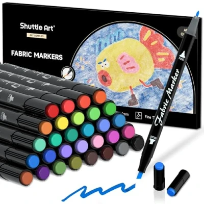Image of Shuttle Art Fabric Pens, 30 Colours Dual Tip Permanent Markers for Clothes, T shirt, Shoes, Non toxic &amp; No Bleed Pens Kids Adult Painting Writing