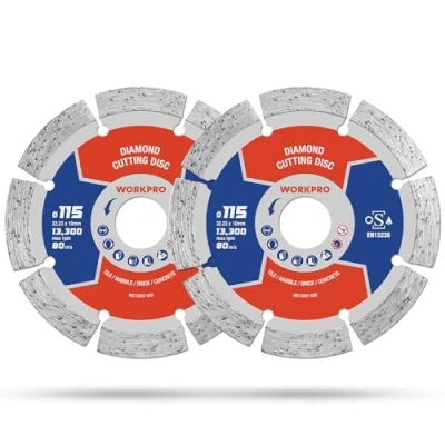 Image of WORKPRO 2 Pack 115mm Diamond Cutting Discs, Segmented Saw Blades for Angle Grinder, 115 x mm Dry Wheels Stone, Concrete, Marble, Granite, Brick and Tiles