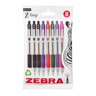 Image of Zebra Pen Z Grip Assorted Ballpoint Pens with Pocket Clip 8pk Retractable Ink Pens, Reliable Biro Multipack for Everyday Use Design, New Pack Size