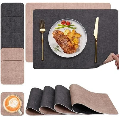 Image of Myir JUN Placemats, Table Mats Double Sided Place Non slip Thermal Stain resistant Easy to Clean mat for Decorations of Restaurants Kitchen and Outdoor (Gray/Pink, Set 6)