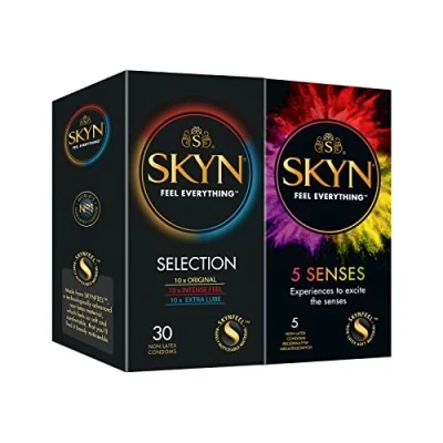 Image of SKYN Selection Condoms Pack of 30 &amp; 5 Senses / Skynfeel Latex Free for Men, 10 x Original, Intense Feel, Extra Lube, Regular Size Condoms, Thin