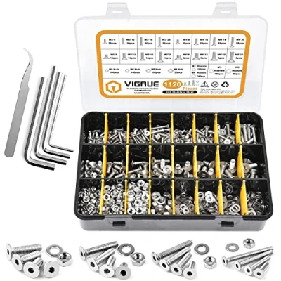 Image of VIGRUE 1120 Pieces M3 M4 M5 M6 Countersunk Screws with Hexagon Socket Hex Flat Button Screw Set A2 70 Stainless Steel Nuts and Washers Assortment Black Storage Case Box