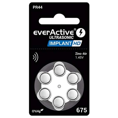 Image of EverActive 675 Pack of 6 Hearing Aid Batteries High Performance Zinc Air 1 Blister Card 4 Year Shelf Life Blue Implant HD PR44
