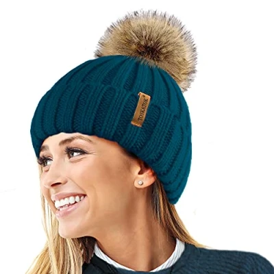 Image of TOSKATOK®Womens Warm Winter Hat Woolly Knitted Beanie with Detachable Chunky Faux Fur Bobble Pom Teal