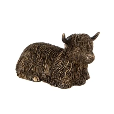 Image of Highland Cow Sitting Resin Statue Home Garden Ornament Scottish Scotland Cattle