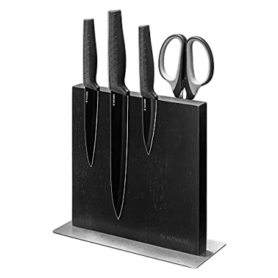 Image of Navaris Double Sided Wooden Magnetic Knife Holder Universal Wood Block for Knives, Scissors, Kitchen Cutlery Rubber Wood, Black