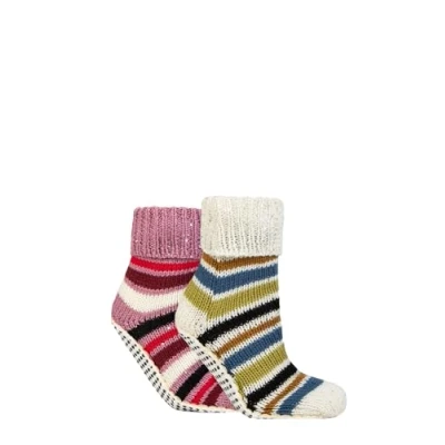 Image of Elle Ladies Moccasin Grip Socks Chunky &amp; Warm for Winter Fair Isle Striped Patterned Gift Idea 2 Pair Multipack Size 4 8 Stripes