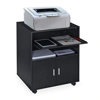 Image of Relaxdays Office Cabinet, Storage, 2 Shelves, Cupboard, Keyboard Tray, Printer Table, Wheels, HxWxD: 74x60x48 cm, Black