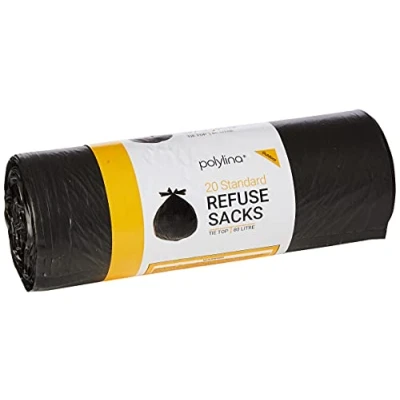 Image of Polylina 20 Tie Top Refuse Sacks Bin Bags, Recycled Plastic, Black, 80 Litre